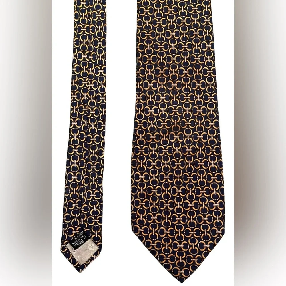 FENDI NECK TIE 100% SILK HAND MADE ITALY BLUE GOLD LINKS PREOWNED IMPERFECT